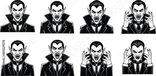 Vampire character expressions set in black and white, showcasing gothic horror emotions, dramatic gestures, and classic monster illustration style.