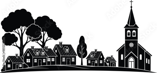 Village church silhouette landscape illustration featuring rural houses, trees, countryside skyline, peaceful small town scene in black vector style