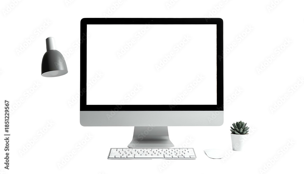 Fototapeta premium A desktop computer with a blank screen, a lamp, mouse, keyboard, and small potted plant