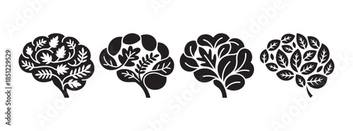 Human brain icons made of leaves for green thinking ecological intelligence and mental health concept