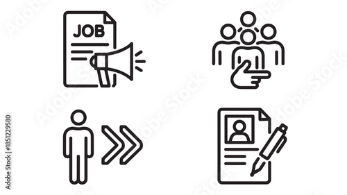 Job Recruitment Process Icons in Simple Line Art Style with Black Color on White Background for HR Templates