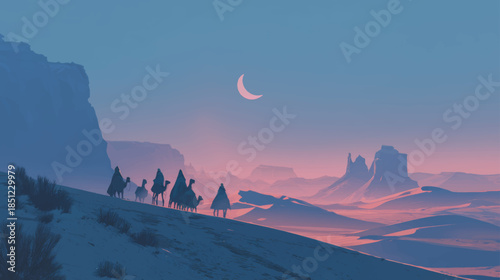Camel caravan under crescent moon in tranquil desert night, symbolizing timeless nomadic travel, silence, freedom, and spiritual exploration
