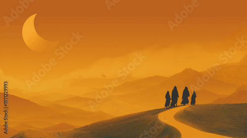 Minimalist desert caravan silhouettes at sunset illustrating spiritual journey, leadership, exploration, and timeless travel inspiration with copy space