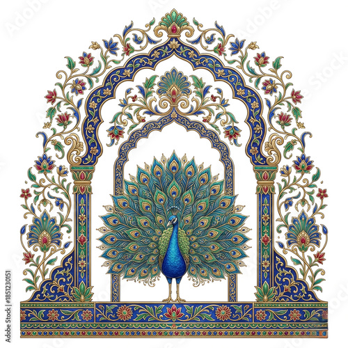 Ornate Peacock Archway with Intricate Floral Decorations graphic design isolated on a transparent background
