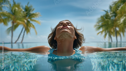 Fototapeta Naklejka Na Ścianę i Meble -  wide shot of an elegant woman floating in the middle on maldives, wearing blue swimming suit, floating above water, palm trees and white sand background, clear sky, symmetrical com