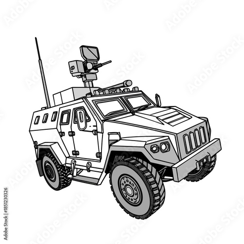 Futuristic defense system truck in 3d metallic style with gun turret