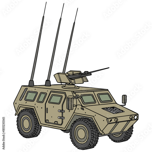 Military vehicle with antennas and gun turret communication vehicle