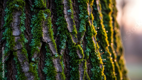 Mossy tree bark in forest