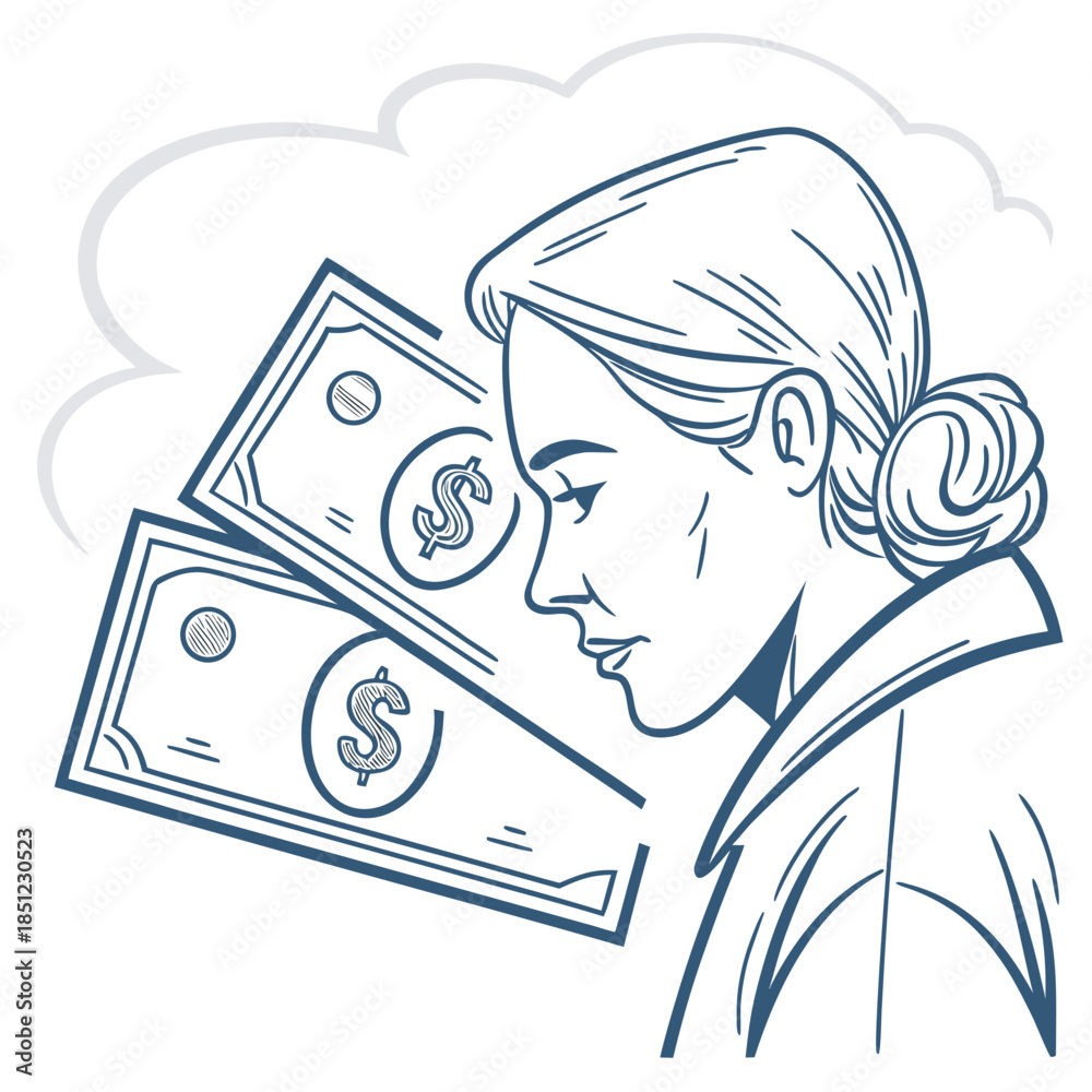 Obraz premium Woman smelling dollar bills in profile view with blue lines on white background