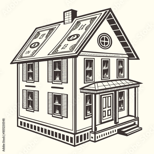 House constructed from folded banknotes in brown and white