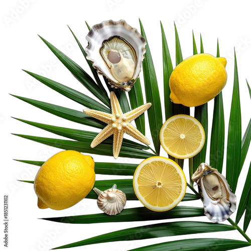 Vibrant overhead shot of fresh oysters, lemons, a starfish, and palm leaves against black.