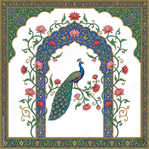Peacock perched on branch with lotus flowers isolated on a transparent background