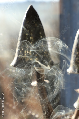 volutes de fumée devant une lampe champignon