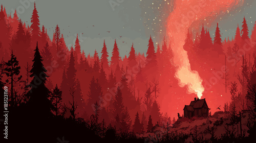 Dramatic wildfire engulfing forest cabin in red night landscape, illustrating environmental crisis, danger, climate change, and urgent awareness themes