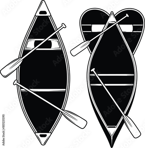Classic and Stylized Canoes with Paddles - Black and White Vector Art for Outdoor Adventure