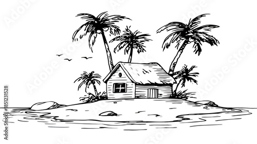 Hand-drawn tropical island sketch with a rustic hut, palm trees, and ocean. Vintage style paradise illustration.