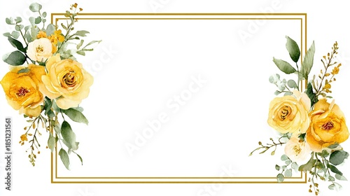 Elegant watercolor yellow rose frame with green foliage for invitations and celebrations