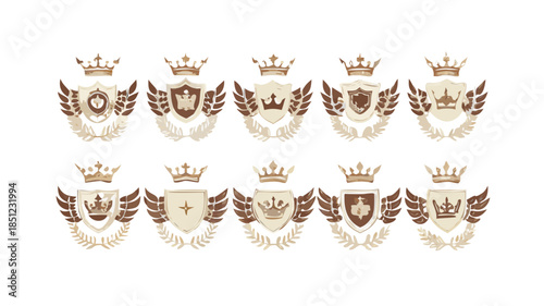 Collection of Royal Emblems and Heraldic Crests with Crowns and Laurel Wreaths
