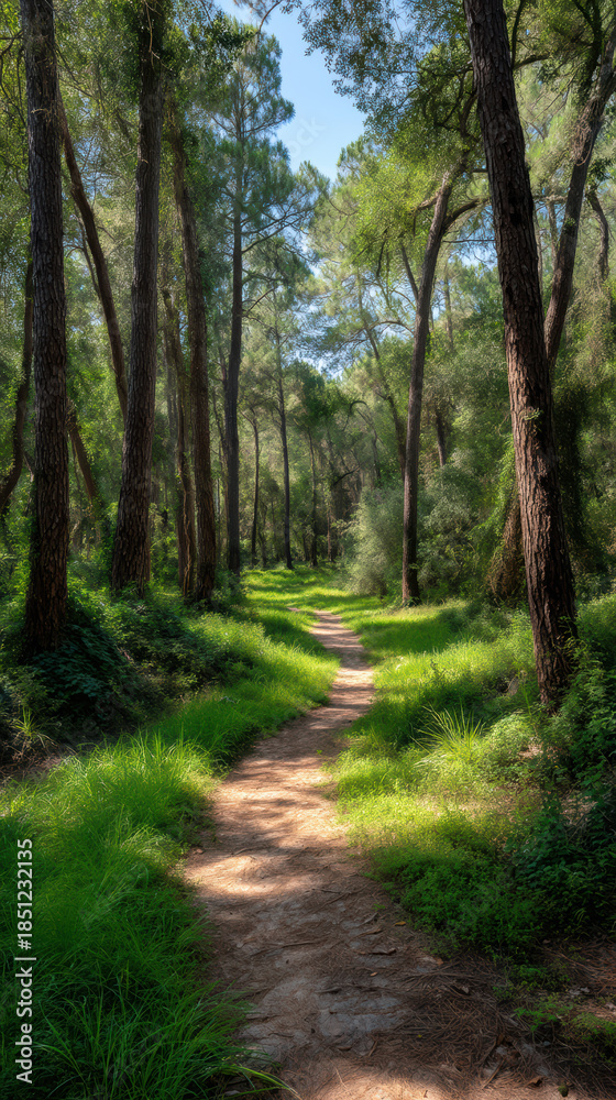 Fototapeta premium A sun dd dirt path winds peacefully through a vibrant forest filled with lush green vegetation and towe trees reaching towards a bright blue sky above.