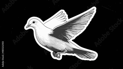 Elegant white dove in flight, a hand-drawn illustration with wings spread, symbolizing peace, freedom, and hope.