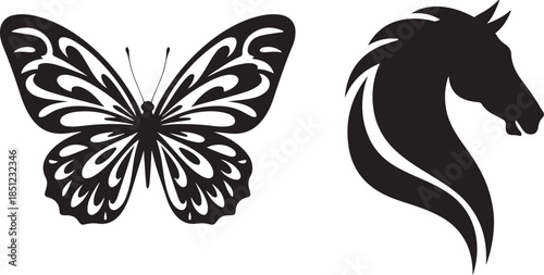 Set of two black silhouettes stylized butterfly and horse head profile, perfect for logos, decals, or graphic design elements