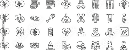 Kidney healthcare and nephrology line icons set featuring renal anatomy, diagnostics, laboratory tests, doctors, medical treatment symbols
