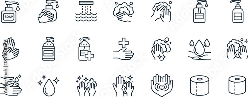 Hand hygiene and sanitation line icons set featuring handwashing, soap, sanitizer, cleanliness, health protection symbols for safety design