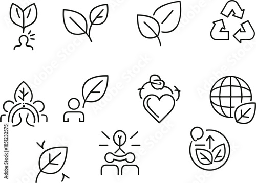 Minimal eco sustainability and green environment line icons set featuring leaves, recycling, renewable growth, environmental care, and global ecology concepts