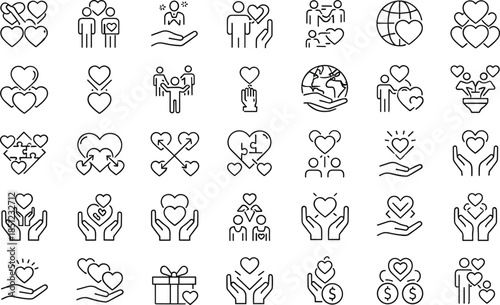 Minimal love and charity icon set featuring heart care support donation family compassion symbols outline vector for modern ui design