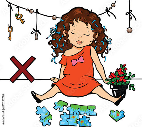 Little girl sitting on the floor trying to solve a jigsaw puzzle cartoon illustration