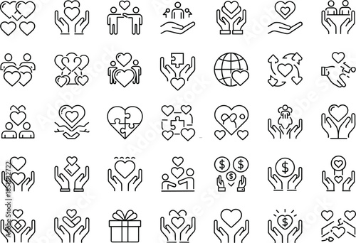 Minimal love care and donation icon set featuring hearts support charity community giving symbols outline vector for modern ui design