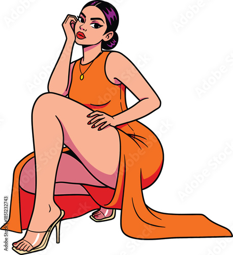 Stylish woman in an orange dress with a high slit crouching and posing