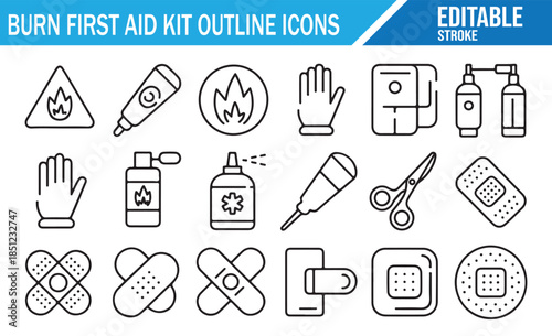 Burn injury first aid kit icons. Vector outline set of medical care symbols.