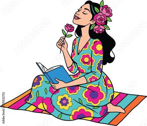 Beautiful woman sitting on a rug reading a book and smelling a rose flower