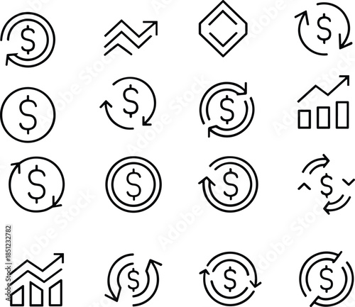 Minimal money rotation and financial transaction line icons set with dollar symbols, currency exchange, profit cycles, and business growth charts