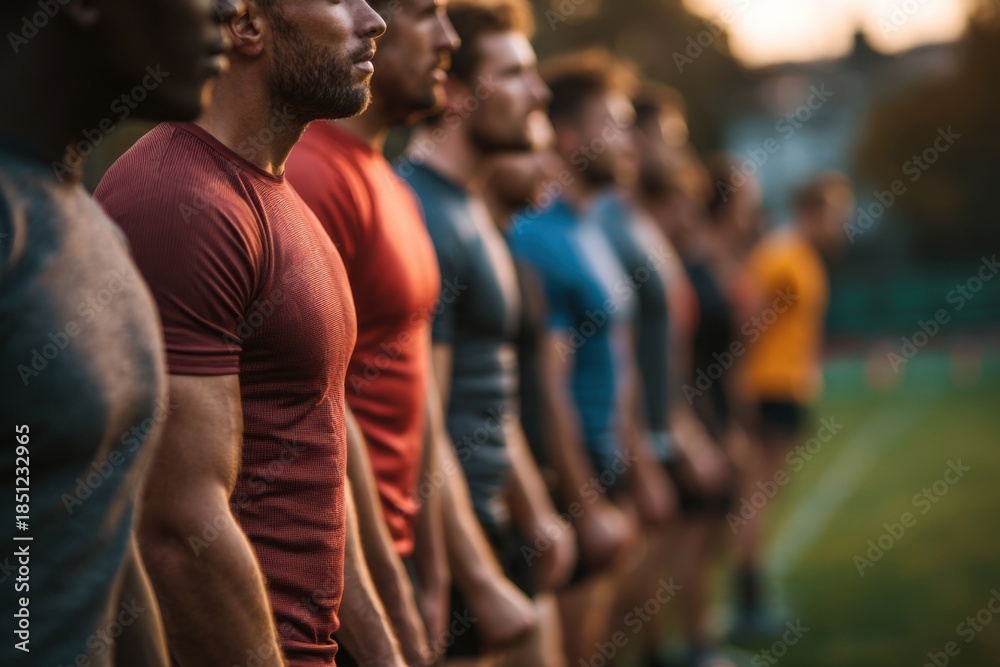 Obraz premium Lineout practice session for rugby team with men standing side by side on the field during sunset