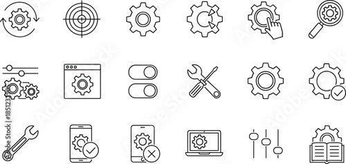 Minimal settings and configuration icon set featuring gears tools system control adjustment symbols outline vector for modern ui design