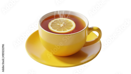 Photos Yellow teacup with lemon slice isolated PNG, hot beverage with citrus fruit on t