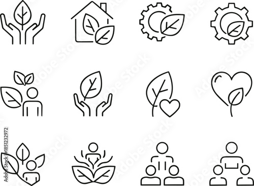 Minimal sustainability and eco friendly line icons set featuring nature care, green energy, environmental protection, organic growth, and community concepts