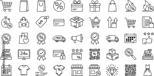 Shopping and ecommerce discount line icons set featuring sale tags, carts, gifts, delivery, payment, retail symbols