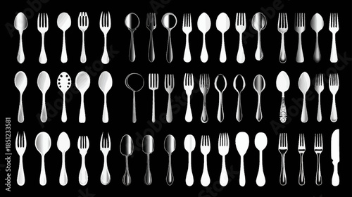 Variety of shiny metallic silverware: spoons, forks, and knives neatly arranged on a sleek black background. Elegant kitchen cutlery.