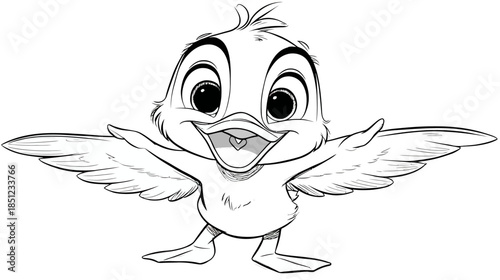 Cute happy cartoon duckling illustration with outstretched wings, black and white line art drawing for kids coloring book, playful animal character
