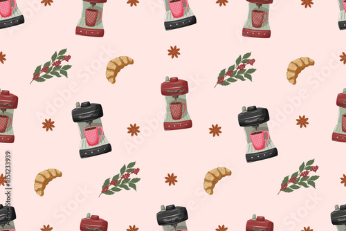 Seamless coffee pattern with capsule espresso machine, star anise, croissant and branch of coffee tree. Drawing vector illustration for cafe or coffee shop designs.