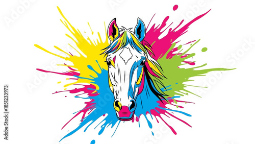 Colorful horse head portrait with vibrant paint splatter explosion