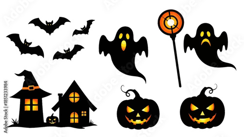Halloween silhouettes ghosts, bats, jackolanterns, and haunted houses vector set