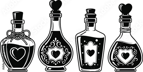 Elegant Love Potion Bottles Vector Art Collection: Vintage Elixir Flasks with Heart Motifs