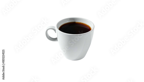 White mug of dark, steaming coffee centered on a black background, minimalist composition