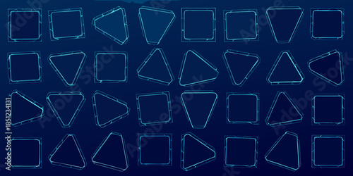 Abstract arrangement of glowing blue polygonal shapes on a dark background