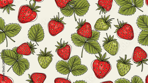 Seamless pattern with strawberries and leaves