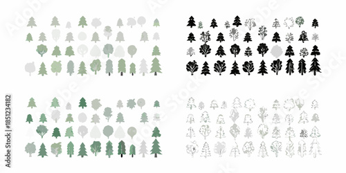 An assortment of stylized evergreen tree graphics in varying shades and designs